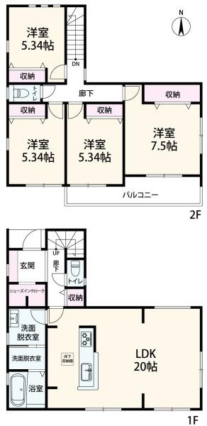 横浜市金沢区高舟台２丁目の新築一戸建の間取り|使いやすい間取りです。収納が沢山あり、お部屋は広く使えそうですね。