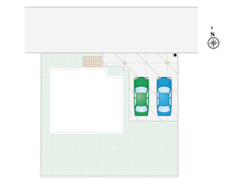 【6号棟：区画図】並列２台駐車可能です。陽当たりが良いので、お庭で家庭菜園やガーデニング、お子様の遊具を設置して遊び場にも活用できます。