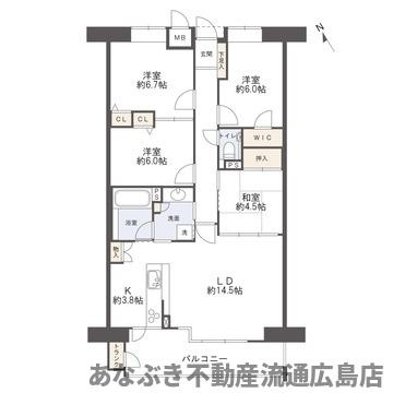 ヴィラージュ海田「緑彩の街」の間取り|2wayの洗面室と和室で回遊動線が実現。洋室2室とリビング・和室は続き間となり汎用性の高い間取りです