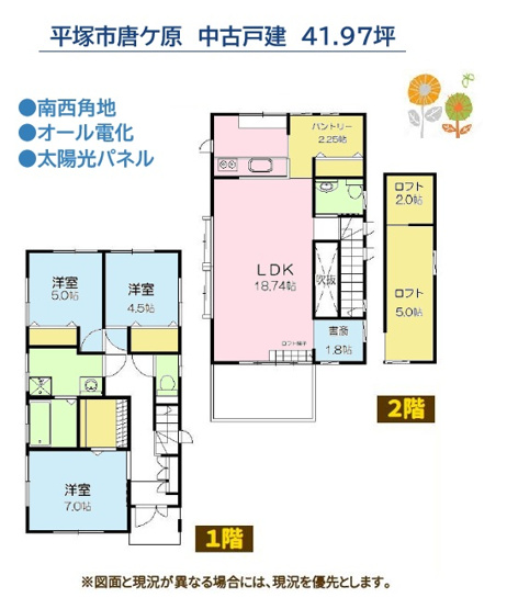 【間取り】 | 南西角地につき陽当たり＆開放感良好！3LDK＋書斎＋ロフト付き♪　
お子様のおうち遊びにもピッタリ！多彩にご利用可能な1階ウッドデッキ付き◎