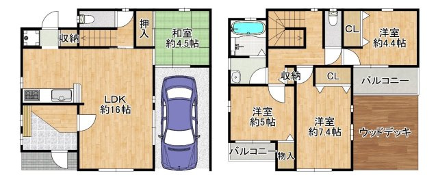 吉田3丁目　中古戸建の間取り|１階部分は16帖のLDKと4.5帖の和室。。２階部分はボリュームの異なる洋室が3室にこの住宅の大きなチャームポイントであるウッドデッキが御座います。ご家族で楽しみながら暮らす姿が想像できます。