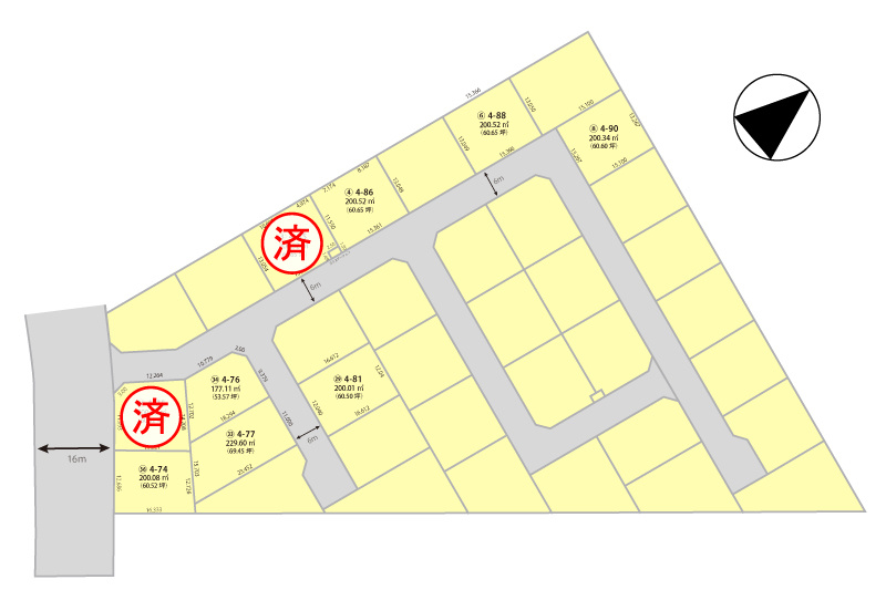 龍ケ崎市白羽４丁目の売地の区画図|9区画分譲の一画。整形地で建物配置も無理なく、前面道路も6mで駐車もスムーズです。