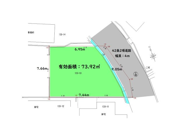 加古川町備後売地の土地図|有効面積は73.92㎡（22.36坪）です
間口：9.05ｍ　幅：7.6ｍ　奥行：6.9ｍ～7.4ｍ