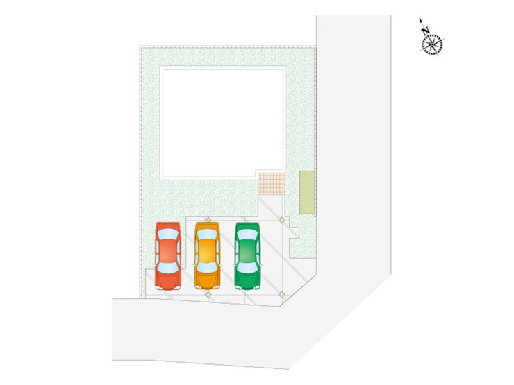 【６号棟　配置図】人気の南東角地＆並列駐車３台可能。外構設備として外水栓も付いている為、お車の洗車やペットのシャワーにもお使い頂けます！
