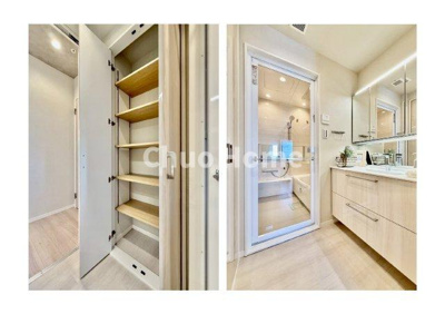 【脱衣所】 | シティタワーズ豊洲 ザ・ツインノースタワー | 【洗面所】明るい洗面所は朝をすっきりさせてくれる空間です。バタバタしている忙しい朝でも収納が多い洗面台では短い時間で効率良く支度ができます。