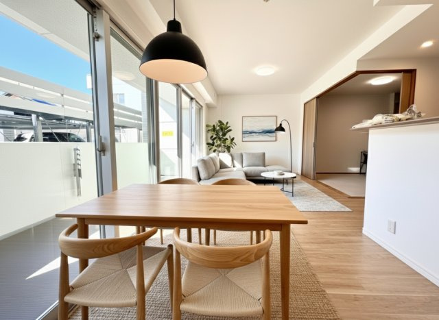 【居間・リビング】 | 【新規リフォーム】BELISTA吉島 | 眩いばかりの陽の光が室内を満たしていきます。暮らす家族に、訪ねてくる友人知人に、清かで艶やかな時間をもたらしてくれる室内です。