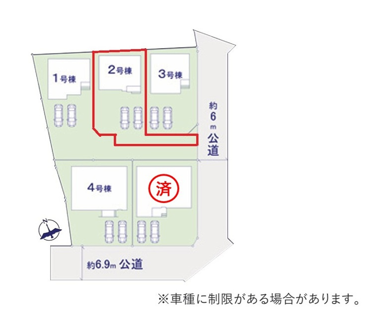 ケイアイフィット　水戸市東台　1期 　2　の区画図|3台駐車可能なカースペースを確保。毎日のお車の出し入れがストレスなく行えます！
同メーカー完成物件の内覧が可能です。ご予約はHPから、またお電話でも、お気軽にどうぞ。
