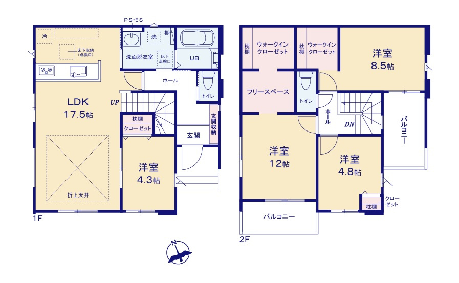 ケイアイフィット　水戸市東台　1期 　3の間取り|　
☆洗面室は2WAY出入り口。リビングを通らず玄関から直接入れます。全室明るい二面採光、大容量の収納スペース配備。家族の気配が感じられて安心できるリビング階段です。