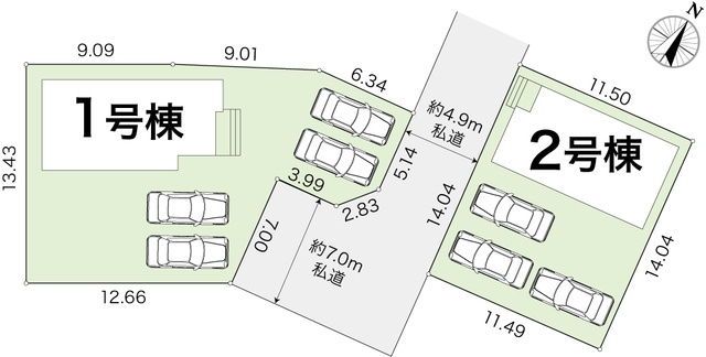 土佐市蓮池3期2棟　1号棟の区画図|1号棟・2号棟あります。