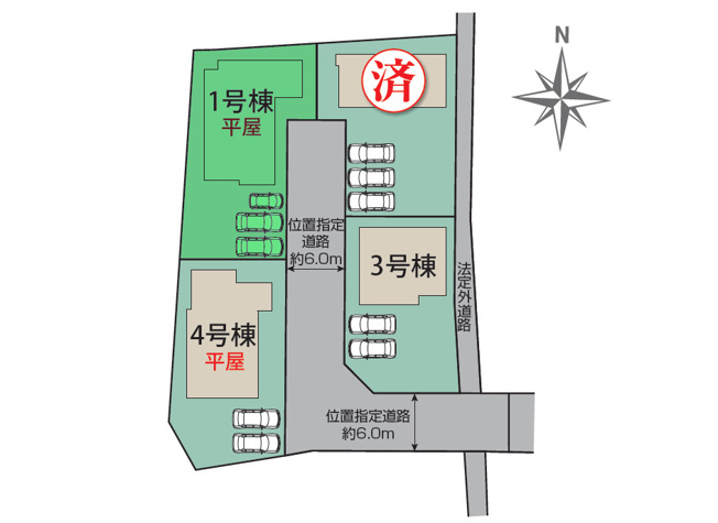 【区画図】 | ブルーミングガーデン前橋市総社町植野ー① | カースペースは並列3台駐車可能！
