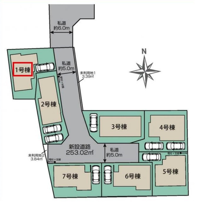 東村山市秋津町4丁目・全7棟　新築一戸建　1号棟の区画図|【全7棟・1号棟】土地面積120.93平米（約36.58坪）