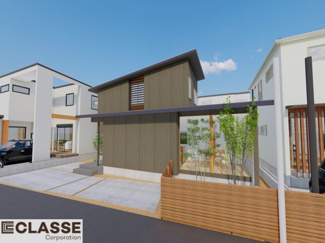 【外観パース】 | 宇治市宇治塔川　売土地　建築条件付き | 標準仕様（アトリエスタイルハウス仕様）で断熱材は気密性、断熱性能も高い、吹付断熱を採用。屋根断熱を実現していますので、お家全体が冬はあったかく、夏は涼しいお家づくりが可能です