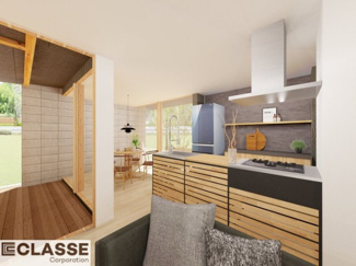 【完成予想図】 | 宇治市宇治塔川　売土地　建築条件付き | アトリエスタイルハウス仕様の窓はペアガラス、サッシはアルミ×樹脂複合のハイブリットサッシを採用。ガラスの間には断熱性の高いアルゴンガスを充填しておりますので、より断熱性能が高まる仕様になっております