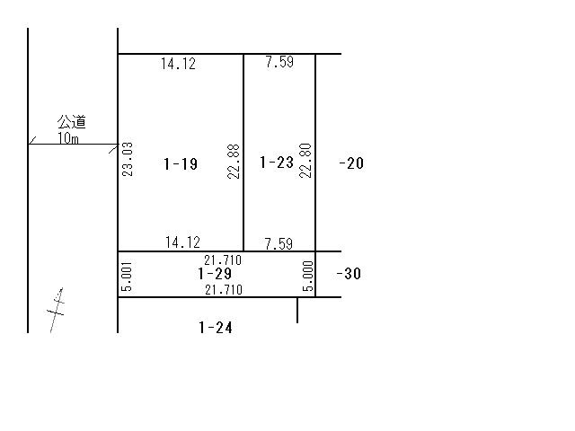白糠町東３条北３丁目　売家の区画図|1-19・23・29の3筆で183坪、前面道路は幅員10ｍ