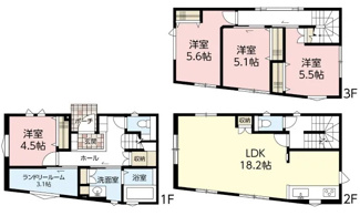 【間取り】 | 安佐南区川内6（安芸矢口駅） | 18.2帖リビング☆3階3部屋☆ファミリータイプ4LDK☆各居室に収納☆ランドリールーム☆