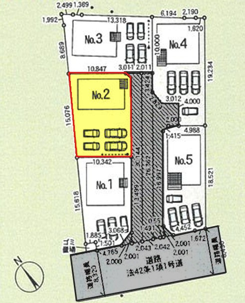 新築　桐生市相生町第17　クレイドルガーデン　2号棟の区画図|全5区画の2号棟です。土地約68坪。