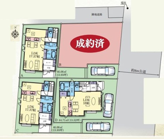 【区画図】 | 平塚市龍城ヶ丘 D号棟 | D号棟　東側8m道路　カースペース１台（車種による）　南側・北側隣地通路
