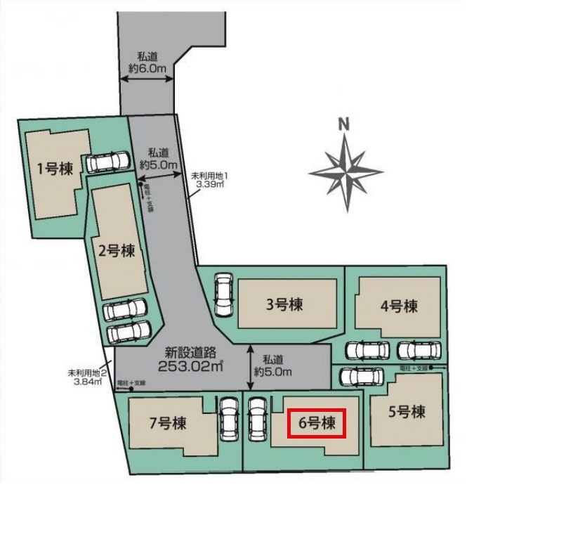 東村山市秋津町4丁目・全7棟　新築一戸建　6号棟の区画図|【全7棟・6号棟】土地面積120.01平米（約36.30坪）