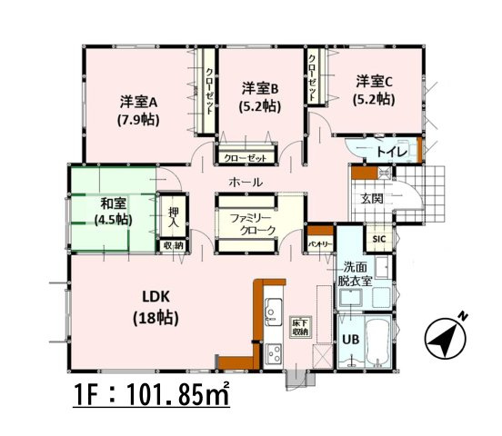 熊本市東区戸島7丁目第2-1棟（1号棟）　の間取り|全居室収納付きで便利です。