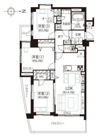 ウイングストリーム氷川台コートの間取り|専有面積75.06㎡の3LDK 5階部分3方角住戸につき陽当たり・通風・眺望良好です バルコニーも3面ございます
