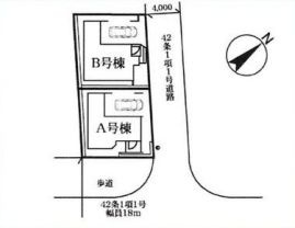 【区画図】 | 平塚市夕陽ヶ丘 A号棟 | A号棟　北東・南東角地　北東側4m道路　南東側18m道路　ビルドガレージ１台（車種による）