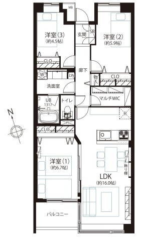 落合南長崎パークハウスの間取り|専有面積79.11㎡の3LDK 南西向き住戸につき陽当たり良好 収納も豊富です