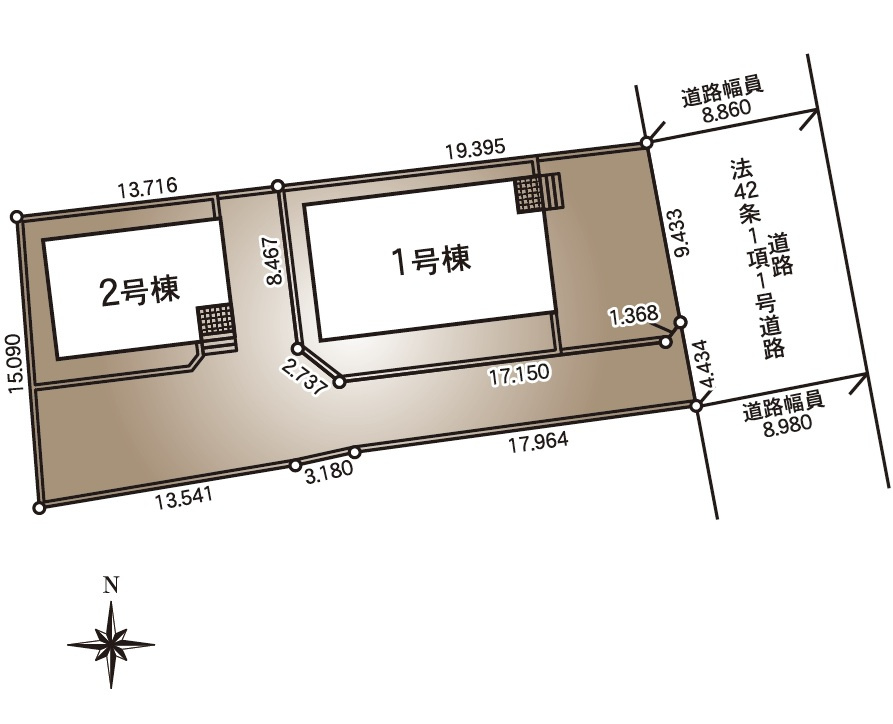 【Cradle Garden】　筑西市井上　第１　全2邸の区画図|全棟配置図