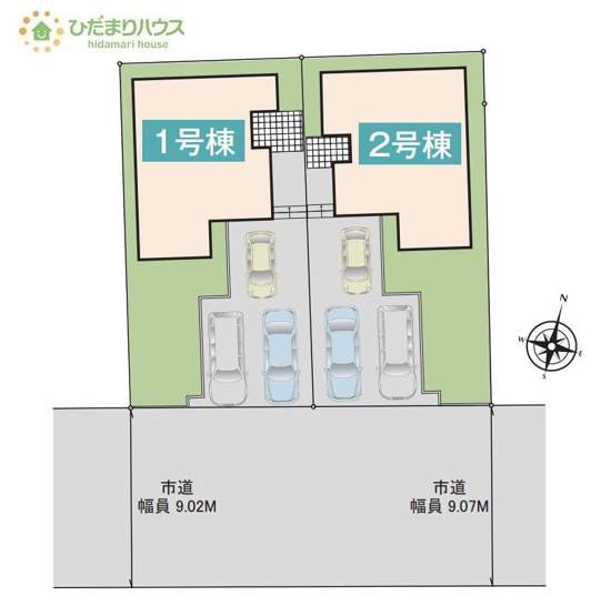 【区画図】 | かすみがうら市稲吉３丁目25-P1　新築戸建　1号棟 | 前面道路幅6ｍ☆車の出入りもラクラクできちゃいます(^^♪
（1号棟）