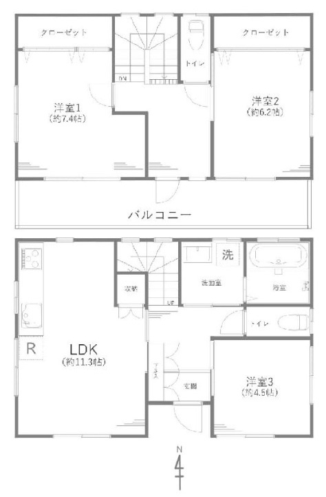 さいたま市大宮区三橋一丁目戸建③の間取り|【敷地30坪・3LDK】コストを抑えられるオール電化住宅◎各居室独立した間取りです。2階全室6帖以上ですので、ゆとりある空間で過ごせます。南向きのバルコニーでお洗濯物がよく乾きます！浴室乾燥機付き◎