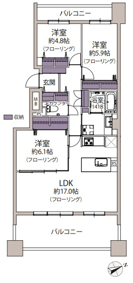 【間取り】 | ネクサス香椎セントラルガーデン・イーストサイド、2号棟 | 8月にリフォーム完成しています。両面にバルコニーがあるので室内は明るく風通しも良好です