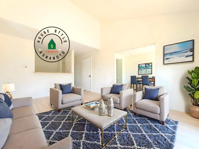 菊池市泗水町吉富第8₋3棟(3号棟)の内観：施工例|※家具はCGを合成したものです。うららかな陽射しがどのお部屋にも降り注ぎますように、快適さを追求した間取設計。得難い立地環境での生活を恵みの豊かな永住の地へと変えてくれます。※写真内の