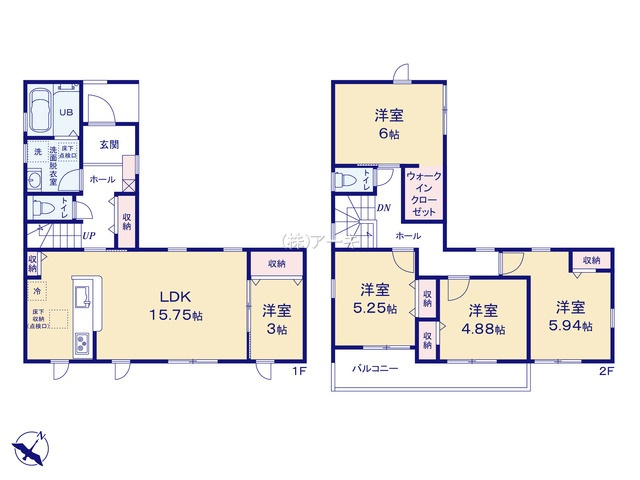 碧南市堀方町2丁目32番地7『仲介手数料無料』新築戸建ての間取り|　1号棟　1F:LDK15.75帖に隣接する洋室3帖　CL設置♪キッチン収納・ホール収納！2F:洋室6帖　WIC設置！洋室5.94帖・洋室5.25帖・洋室4.88帖　CL設置♪南面ワイドバルコニー♪