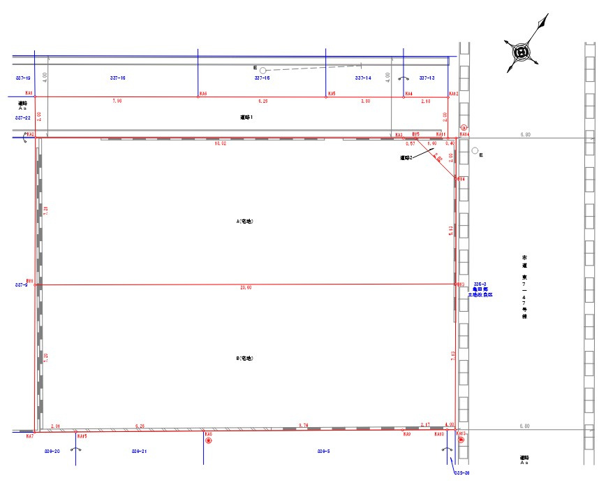 東区粟山4丁目　土地　2区画の区画図|※現況測量図です。確定ではなく分割案です。