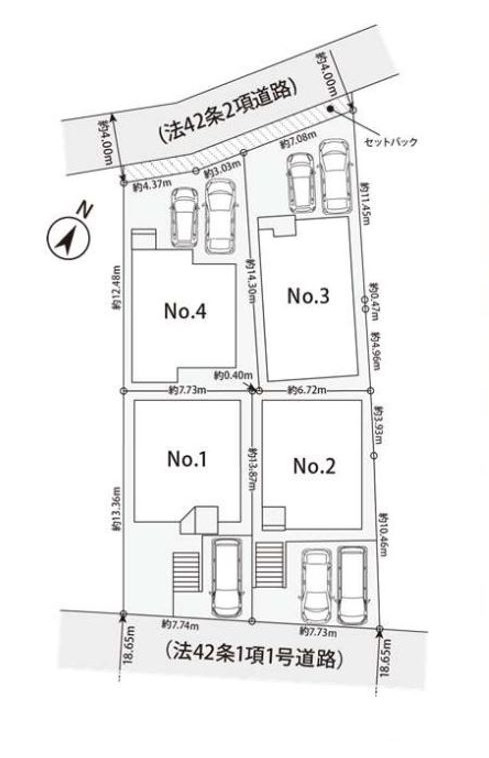 横浜市青葉区恩田町１期の区画図|販売戸数全４棟。１号棟は駐車場１台。２台以上ご希望は２～４号棟がおすすめ。