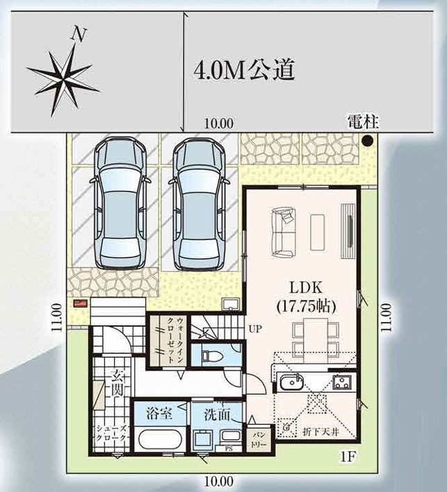 上尾市平塚11期全1棟の区画図|カースペースは2台駐車可能。並列で駐車できますので、お車の出し入れもスムーズに行えます。来客時にも安心ですね◎周辺には商業施設が複数あり、徒歩6分の場所にスーパーがあります。日々のお買い物に便利です◎