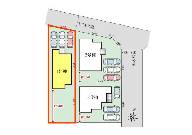 新築　前橋市関根町　GRAFARE　１号棟の区画図|1号棟　区画図　北側接道幅員約4.5ｍ
