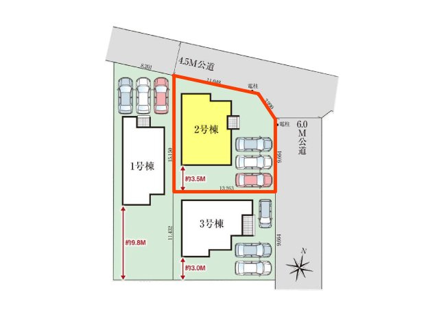 新築　前橋市関根町　GRAFARE　2号棟の区画図|2号棟　区画図　北側接道幅員約4.5ｍ　東側接道幅員約6ｍ
