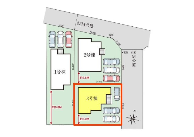 新築　前橋市関根町　GRAFARE　3号棟の区画図|3号棟　区画図　東側接道幅員約6ｍ
