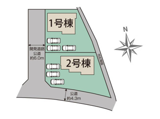 【区画図】 | 南アルプス市下宮地 新築全2棟 2号棟 眺望と3箇所のWIC | 2号棟区画図　南西角地　83.32坪　広々お庭とカースペース