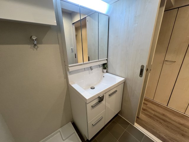 見たまんまの引き渡し。つまり家具付きマンション。横浜駅が最寄りよ。【サングレイス横浜駅東】リノベーションの独立洗面台|独立洗面台あり、毎朝おしゃれに忙しい女性の方におすすめです