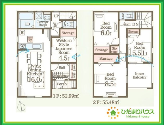 いわき市勿来町関田西2丁目1期　新築戸建　1号棟の区画図|カースペース4台ＯＫ！来客用にもスペースを確保できて安心ですね(^^)/