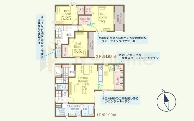 水戸市赤塚4期　新築戸建て　1号棟の間取り|3LDK＋WIC＋パントリー、土地面積165.09ｍ2、建物面積107.64m2