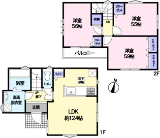 【間取り】 | 府中市若松町5丁目新築戸建 | 自然に囲まれた閑静な住宅街。全居室で日当たり・通風・良好です。