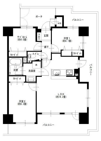 【間取り】 | ペルル加島Ⅱ | 三方向角部屋・引き回しバルコニー・陽当り通風良好・令和７年１２月室内リフォーム済