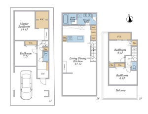 【土地図＋建物プラン例】 | LDK32帖+車庫+ハイグレード家具付の大型4LDKプラン（建物面積169.49平米以上）
