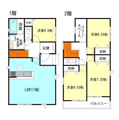 【間取り】 | リナージュ前橋市朝日町2丁目25-1期ー① | 2階洋室は全室のびのび6帖以上！
納戸や書斎としても使えるフリースペース完備！