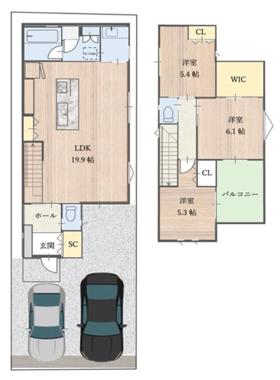 【間取り】 | 東大阪市友井4丁目 | 2階建て♪【3LDK＋駐車2台】設備充実！電子キー・電動シャッター・海外製食洗機BOSCH・ガス乾燥機幹太くん標準装備です☆