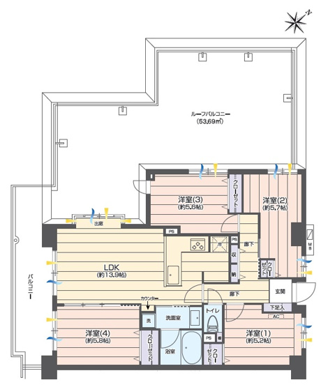 【間取り】 | コスモ志木　(志木本店) | 広々としたルーフバルコニーで開放感良好です。
12階部分につき陽当たり・眺望良好です。