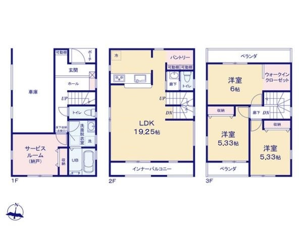 新座市栄5丁目　耐震×省エネ　車庫付き快適住宅の間取り|3LDK+S+WIC　土地面積74.43ｍ2　建物面積122.31ｍ2