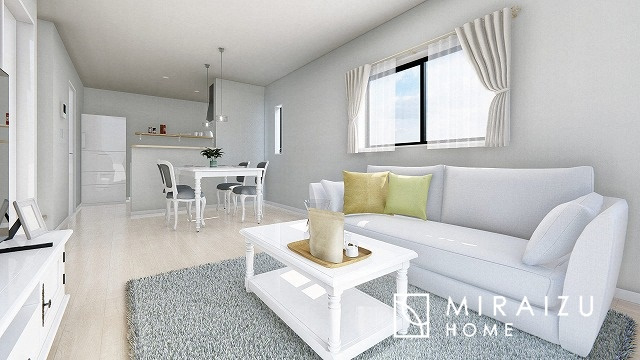 【居間・リビング】 | ※イメージ　青く澄み渡った綺麗な空と、陽の光をたっぷりと受ける、そんな新築住宅で新生活をスタートしてみませんか？見学・ご相談等、ミライズホーム(株)までお気軽にご連絡下さい♪
